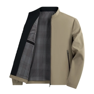 Men's khaki stand collar casual business jacket with grey plaid lining and zipper pockets