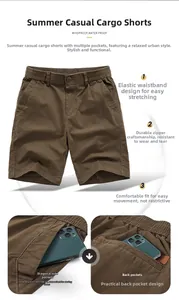 Detail of khaki cotton cargo shorts featuring elastic waist and water-resistant fabric