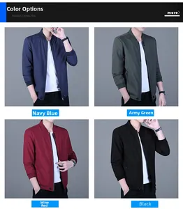 Detailed grid view of windproof bomber jacket in navy, army green, wine red and black colors