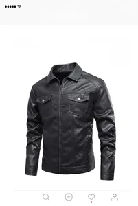 Close-up of black PU leather jacket featuring metallic snap flap pockets and zipper detail