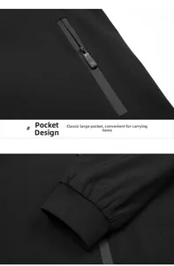 Detail of waterproof zipper pocket and elastic ribbed cuffs on a black men's jacket