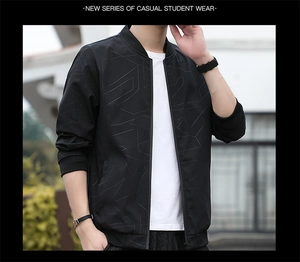 Detail of men's slim fit black jacket with geometric texture and ribbed stand collar