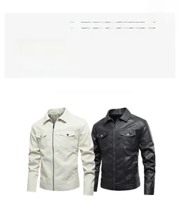 Detail view of slim fit faux leather jackets in black and white with stand collar design