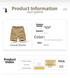 Detailed size guide and cotton cargo shorts specifications in khaki and various colors