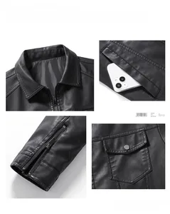 Detail view of black PU leather jacket showing lapel collar, zipper cuffs, and chest pocket