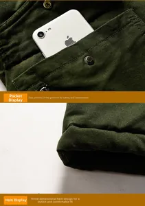 Detail of army green cotton parka showing heavy duty side pockets and metal fasteners