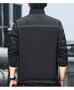 Rear view of men's black stand-collar jacket with white stitching and ribbed hem