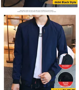 Detail view of navy blue bomber jacket with rib-knit collar and decorative side buttons