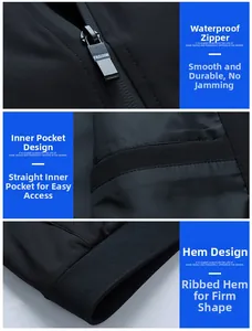 Detail of waterproof zipper with metal puller and ribbed hem on black jacket