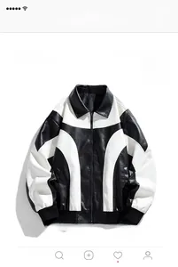 Detail of color-block PU leather jacket with ribbed cuffs and metal zipper closure