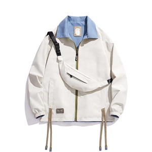 Men's casual light beige windbreaker jacket with blue lining and crossbody waist bag detail