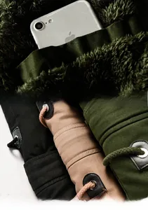 Detail of plush interior pocket and color options for winter cotton jacket