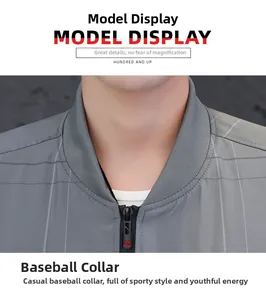 Detail of gray checkered jacket featuring a knitted baseball collar and branded red M-logo zipper