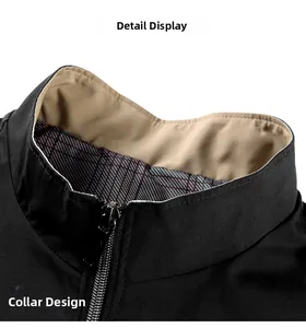 Detail shot of men's business jacket featuring a stand collar and red plaid lining