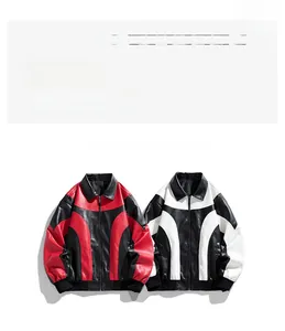 Detail view of two-tone faux leather biker jackets in red, white and black colorways