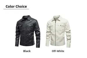 Front view of slim fit PU leather jackets in black and beige colors with chest pockets
