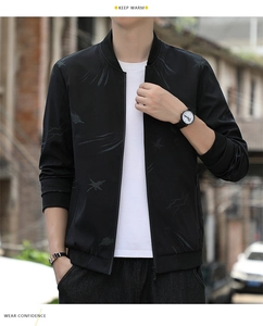 Detailed close-up of a black men's bomber jacket with star patterns and ribbed collar