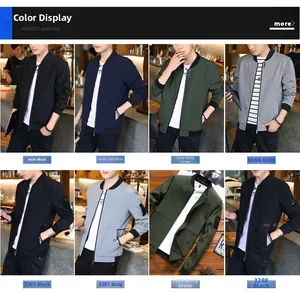 Detail view of men's bomber jacket colors in black, navy, army green, and grey