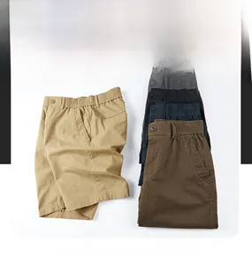 Flat lay of five cotton men's casual shorts in khaki, coffee, black, navy, and grey colors