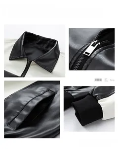 Detail view of contrast lapel, metal zipper and ribbed cuffs on men's leather jacket