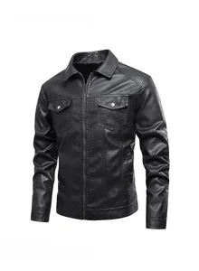 Detailed flat lay of a black PU leather jacket with a collar and zip pockets