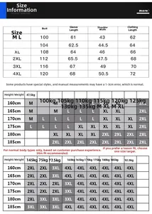 Detailed size chart for men's winter jacket showing measurements from size M to 4XL