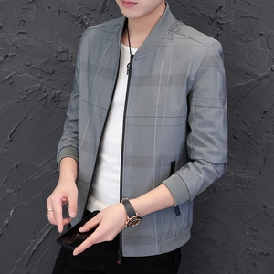 Detail of grey plaid jacket with ribbed baseball collar and metallic zipper hardware