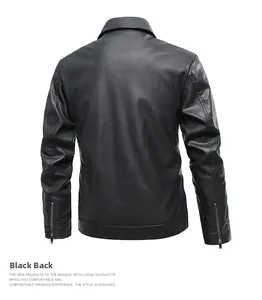 Back view of slim fit black faux leather jacket showing smooth texture and cuff zippers