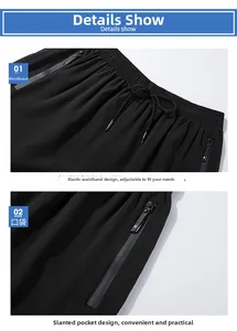 Detail of elastic drawstring waistband and secure side zipper pockets on sports shorts