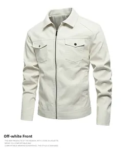 Front view of slim fit cream PU leather jacket with stand collar and zipped pockets