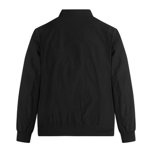 Back view of a classic black men's stand collar jacket with ribbed cuffs and hem