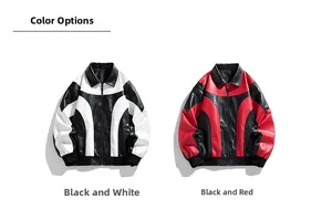 Front view of two bicolor PU leather moto jackets in black-white and black-red combinations