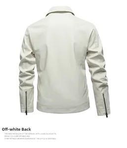 Rear view of off-white PU leather jacket featuring metallic cuff zippers and textured finish
