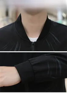Detailed macro view of the knitted ribbed collar and blue dynamic stripes on black jacket