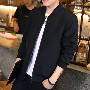 Men's stylish black baseball collar jacket with ribbed stand neck and sleek metal details