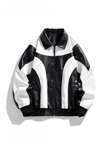 Detail view of monochrome black and white faux leather biker jacket with metal zipper