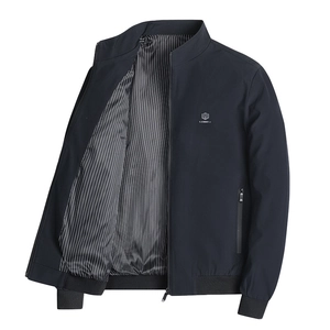 Men's navy blue stand-up collar jacket with striped lining and ribbed cuffs in a sleek fit