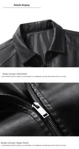 Close-up detail of slim fit men's PU leather jacket with metal zipper and collar