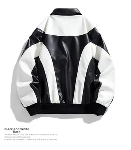 Detail view of the back of a black and white PU leather motorcycle jacket with ribbing
