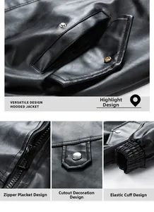 Dettagli della giacca in pelle PU nera che mostrano tasche a pattina e zip metallica