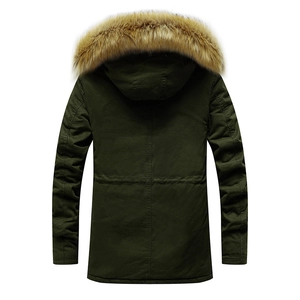 Men's winter army green thick hooded parka with faux fur collar shown from back view