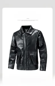 Close-up detail of windproof faux leather biker jacket featuring a flap pocket and fine texture