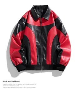 Detailed front view of red and black color-block PU leather biker jacket with ribbed cuffs