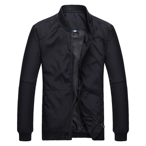 Men's black casual bomber jacket with stand collar and ribbed cuffs in sleek windproof fabric