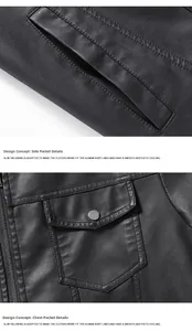 Detail view of side and chest pockets with metal snaps on black PU leather jacket