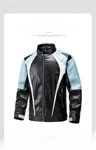 Close-up of color-block PU leather biker jacket featuring windproof and breathable texture