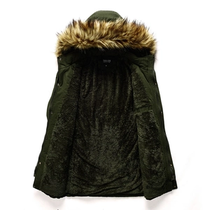 Men's winter heavy cotton parka jacket in military green with warm fleece lining