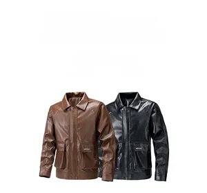 Detailed view of coffee brown and black faux leather jackets with chest flap pockets