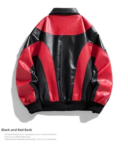 Back view of a red and black color-block faux leather biker jacket with ribbed hem and cuffs