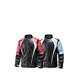 Close-up of color-block faux leather biker jackets in red, blue, and black with zippers